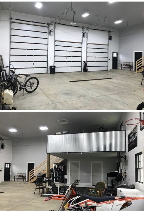 Shop House Garage, Rustic Garage Ideas, Shop Loft Ideas, Garage Loft Apartment, Shop Remodel, Detached Garage Ideas, Barn Office, Pole Barn Designs, First Home Ideas