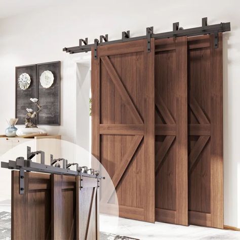 Triple Track Bypass Barn Door Hardware Kit Overlapping Barn Doors Sliding, Double Bypass Barn Doors, Bypass Barn Door Hardware, Bypass Barn Door, Shop Door, Housing Ideas, Hidden Tv, Electrical Code, Laundry Room Doors