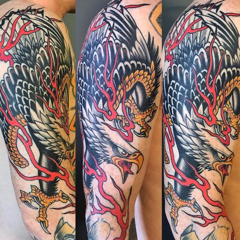 Talons Bird, Icp Tattoos, Phoenix Tattoo Sleeve, Traditional Eagle, Traditional Eagle Tattoo, Traditional Tattoo Old School, Traditional Tattoo Designs, Explore Tattoo, Bird Flying