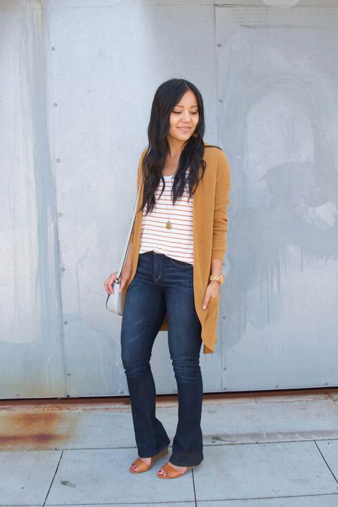 Tan Cardigan Outfit, Bootcut Jeans Outfit, Wedges Outfit, Black Bootcut Jeans, Polished Casual, Tan Cardigan, Dark Wash Bootcut Jeans, Black Jeans Outfit, Fashion For Women Over 40