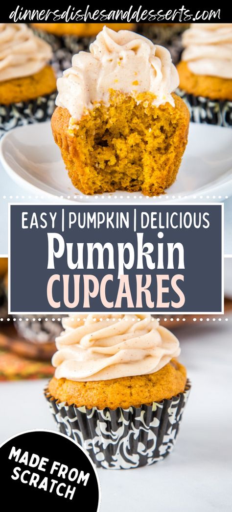 Pumpkin Spice Cupcakes with Cream Cheese Frosting – tender pumpkin cupcakes up all the delicious fall spices and topped with a cinnamon flavored cream cheese frosting.  #fallrecipes #falldesserts #pumpkinrecipes #pumpkincupcakes Pumpkin Spiced Cupcake, Pumpkin Spice Cupcakes Recipe, Pumpkin Cupcakes Recipes, Flavored Cream Cheese Frosting, Gluten Free Pumpkin Cupcakes, Fall Cupcake Ideas, Easy Pumpkin Cupcakes, Cream Cheese Filled Cupcakes, Pumpkin Spice Frosting