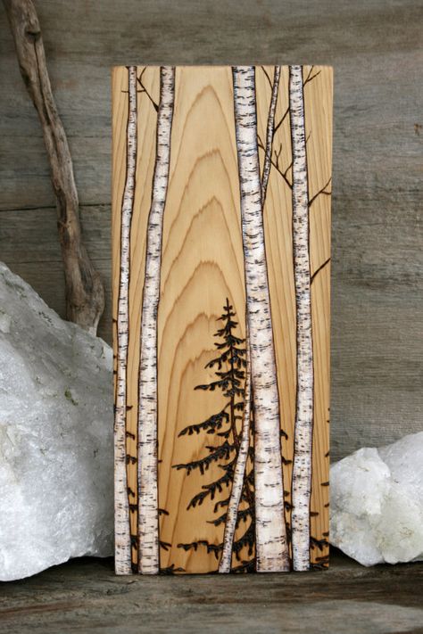 Birch Trees  Art Block  Wood burning by TwigsandBlossoms Birch Trees Art, Boom Kunst, Woodworking Plans Patterns, Tre Kunst, Snowflakes Art, Birch Tree Art, Woodworking Projects Furniture, Trees Art, Woodburning Projects