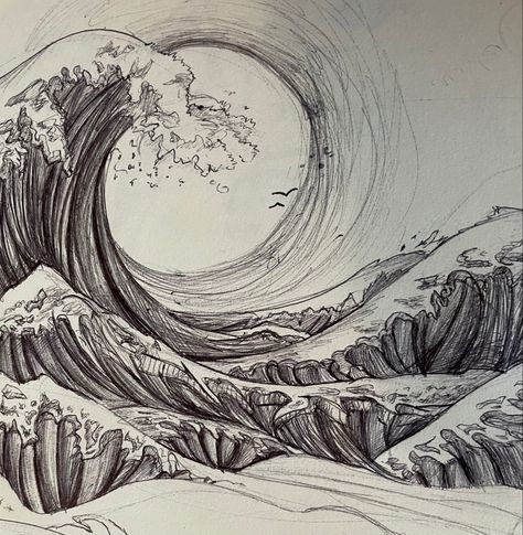 My attempt at The Great Wave off Kanagawa by Hokusai. About a year old, would love to redraw. Pen and paper. The Great Wave, Great Wave Off Kanagawa, Wave Art, Art Things, Pen And Paper, The Wave, Great Wave, Under Construction, Art Gallery