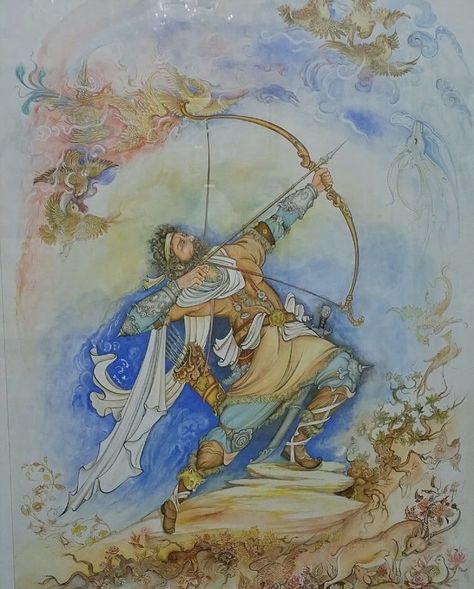 Shahnameh Art, Iranian Illustration, Persian Calligraphy Art, Persian Art Painting, Persian Miniature, Surreal Artwork, Art Painting Tools, The Archer, Illumination Art