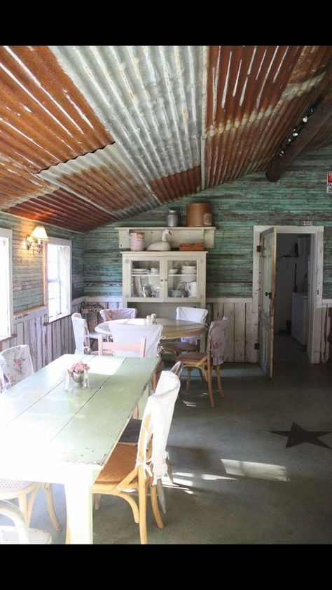 Ceiling Barn Tin, Men Cave, Casa Country, Rachel Ashwell, Corrugated Metal, Tin Ceiling, Ceiling Ideas, Kitchen And Dining Room, Trendy Kitchen