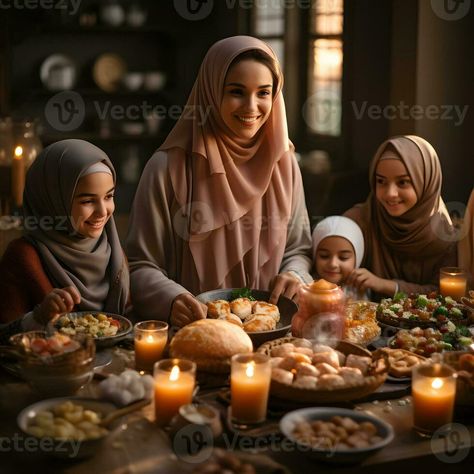 AI generated Muslim Family and Friends Gathering during Ramadan with Delicious Dishes on the Table. Iftar Dinner. Generative Ai Eid Celebration, Muslim Couple, Muslim Family, Boy Images, Friends Gathering, Delicious Dishes, Iftar, Family And Friends, Tasty Dishes