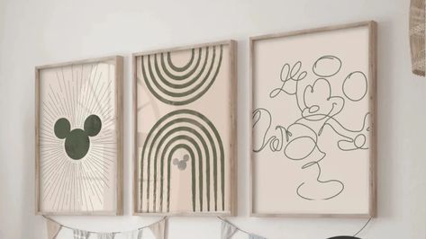 Disney Framed Wall Art, Modern Mickey Mouse Room, Disney Touches At Home, Neutral Mickey Mouse Room, Mickey Bedroom Ideas, Minimalist Disney Bedroom, Neutral Disney Home Decor, Disney Inspired Playroom, Vintage Mickey Nursery