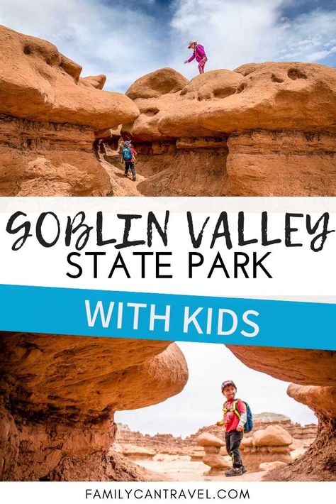 Goblin Valley State Park with kids. This is the one place you won't have to worry about whether your kids will have fun or not. Goblin Valley Utah State Park is so family friendly and a must visit. Given Goblin Valley's proximity to some of the national parks in Utah, it's easy to add it to your Utah itinerary! #hikingwithkids #utah #goblinvalley #familytravel Utah Itinerary, National Parks In Utah, Family Vacations Usa, Goblin Valley State Park, Utah State Parks, Goblin Valley, National Parks America, Capitol Reef National Park, Utah State