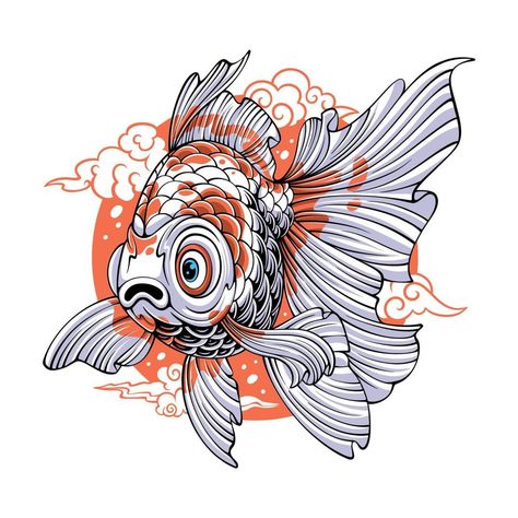 colorful Beautiful chef fish with long fins and tail on circle and clouds background for t shirt design Japanese Fish Tattoo, Analog Photo, Goldfish Art, Clouds Background, Japanese Fish, Fish Graphic, Japanese Drawings, Japanese Folklore, Fish Logo