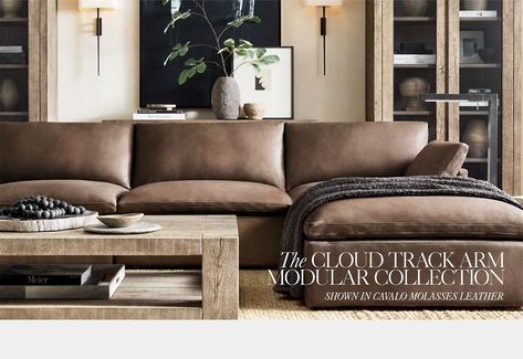 Leather Cloud Couch, Cloud Couch Living Room, Earthy Apartment, Restoration Hardware Cloud, Restauration Hardware, Modern Rustic Cabin, Mountain Lake House, Cloud Couch, French Country Garden Decor