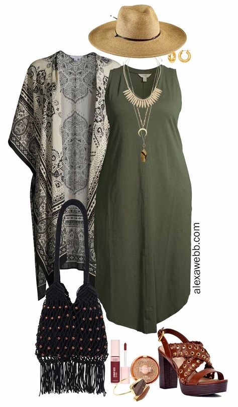 Olive Green Kimono Outfit, Plus Size Hobo Outfits, Plus Size Fall Beach Outfits, Beach Wear Over 50 Plus Size, Plus Size Flowy Outfits, Boho Mom Style Plus Size, Beach Trip Outfits Plus Size, Plus Size Summer Concert Outfit Ideas, Cute Spring Outfits Plus Size