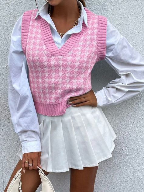 Pink Vest Outfit, Sweater Vest Outfit Women, Houndstooth Outfit, Pattern Sweater Vest, Vest Outfits For Women, Sweater Vest Outfit, Preppy Sweater, Deal With The Devil, American Girl Clothes