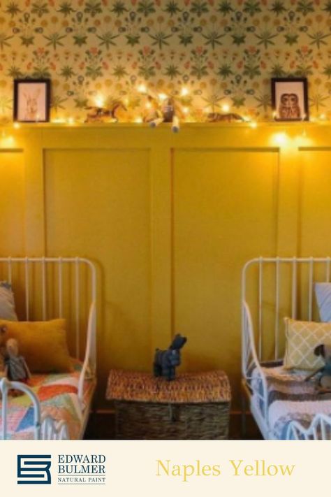 Adding some twinkle as the nights get darker, this lovely children's room has had some lights added to create extra brightness on these dark evenings! Bringing all the warmth out of our ‘Naples Yellow’ on the panelling which is paired perfectly with ‘Spanish White’. A strong yellow never fails to lift the spirits! For more children’s bedroom inspiration head to our blog where we show more of this gorgeous bedroom and some other fabulous spaces! Yellow Kids Bedroom, Yellow Girls Bedroom, Bright Playroom, Edward Bulmer, Half Painted Walls, Striped Bedroom, Naples Yellow, 1960s House, Natural Paint