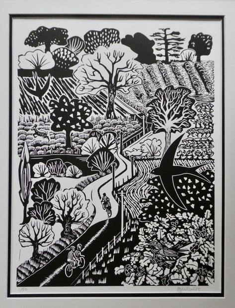 A medium size print. Birdseye View, Black And White Effect, Lino Cuts, Lino Art, Linocut Art, Relief Print, Cardboard Art, A Deer, Swallows