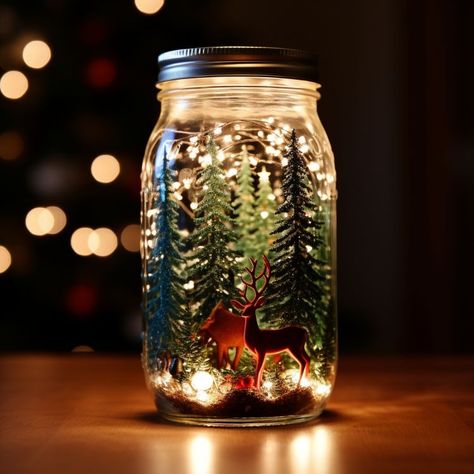 Christmas Decor Jars, Mason Jars Lanterns, Christmas Diy With Mason Jars, Christmas Mason Jar Lights, Resin Jars With Lights, Mason Jar Diy Christmas, Snow Globe Mason Jar Gifts, Small Jar Crafts Ideas, Candle Jars Christmas