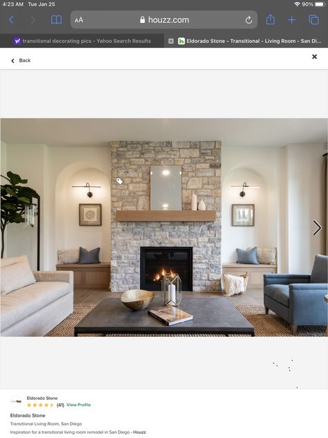 Fireplace With Niche On Each Side, Stone Fireplace With Arched Built Ins, Fireplace With Arches On Sides, Arched Built Ins Fireplace, Wall Niche Ideas Living Room, Foyer Nook, Niche Living Room, Black Fireplace Wall, Fireplace Cabinets