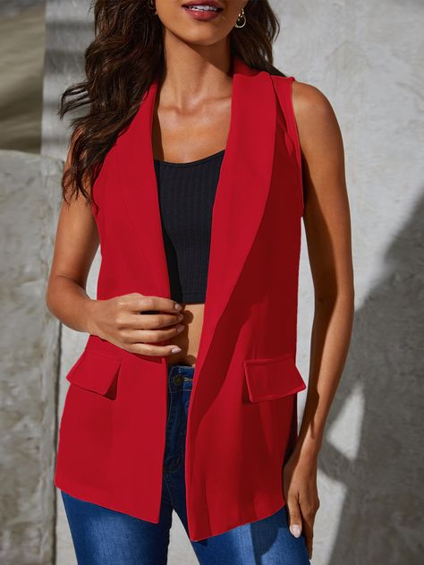 Red Casual Collar Sleeveless Woven Fabric Plain Vest Embellished Non-Stretch Spring/Fall Women Suits Red Sleeveless Blazer Outfit, Red Vest Outfits For Women, Vest Blazer Outfit, Red Vest Outfit, Sleeveless Blazer Outfit, Red Blazer Outfit, Plain Vest, Meeting Outfit, Gown Party Wear