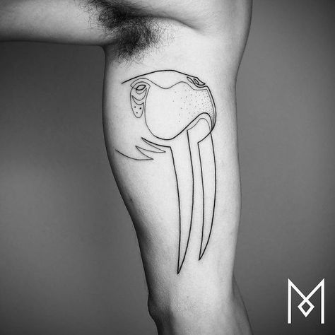 10+ Incredible Tattoos Created Using A Single Continuous Line By Mo Ganji Walrus Tattoo, Infinity Tattoo On Wrist, Continuous Line Tattoo, Grey Ink Tattoos, Mo Ganji, One Line Tattoo, Nerd Tattoo, Feather Tattoo Design, Owl Tattoo Design