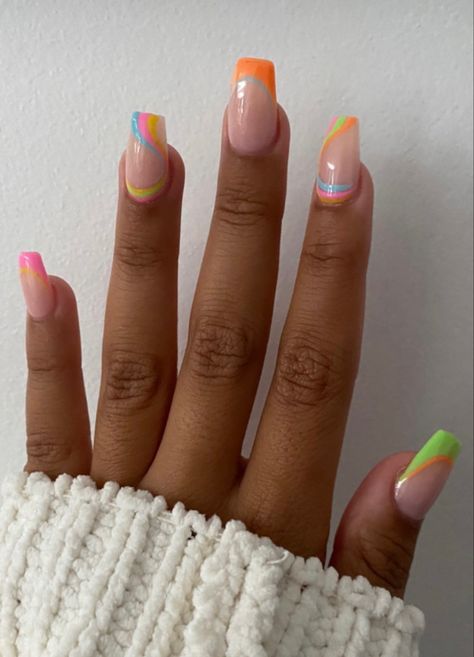 Summer Acrylic Nails Colorful, Colorful French Nail Designs, Puerto Rico Nail Ideas, Vacation Nail Inspo Square, Bright Square Nails, Square Summer Nails 2024, Spring Nails 2024 Trends Short Square, Puerto Rico Nails Designs, Vacation Nails 2024