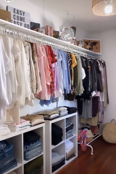 Room With Open Closet, Clothing Organization Ideas No Closet, How To Organize A Room With No Closet, Open Face Closet, In Room Closet Ideas, Organized Walk In Closet Small, Diy Closet Small Room, Alternative Wardrobe Ideas, Office And Closet Combo Room Minimalist