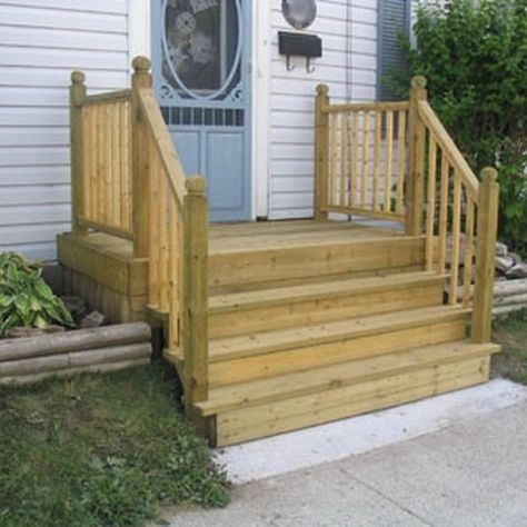 Building mobile home steps is one of the easy home additions. Mobile Home Steps, How To Build A Porch, Front Porch Steps, Building A Porch, Mobile Home Decorating, Mobile Home Living, Mobile Home Porch, Front Porch Design, Wooden Porch