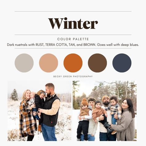 Winter Outfit Color Palettes for Family Photos - Becky Green Photography Family Photo Colors Winter, Christmas Photoshoot Color Palette, Family Christmas Pictures Outfits Color Schemes Blue, Extended Family Photo Outfits Winter, Photo Color Schemes Family, Winter Photoshoot Outfits Family, Winter Photo Outfits, Cold Weather Family Photos, Winter Family Photos Color Schemes