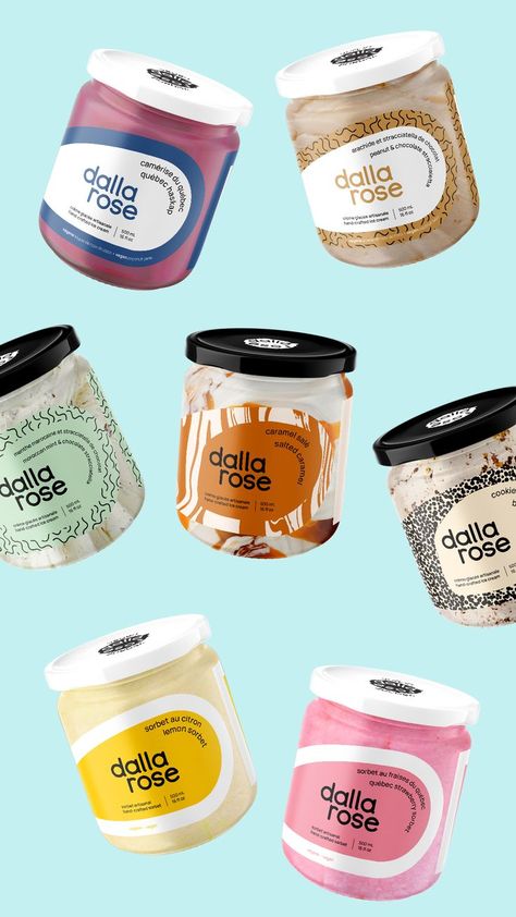 Packaging Design for Ice Cream Gelato Jars - Crémerie Dalla Rose in Montreal, Canada Ice Cream Cute, Ice Cream Gelato, Cookies Branding, Ice Cream Packaging, Ice Cream Tubs, Ice Cream Containers, Jar Packaging, Bottle Design Packaging, Dessert In A Jar