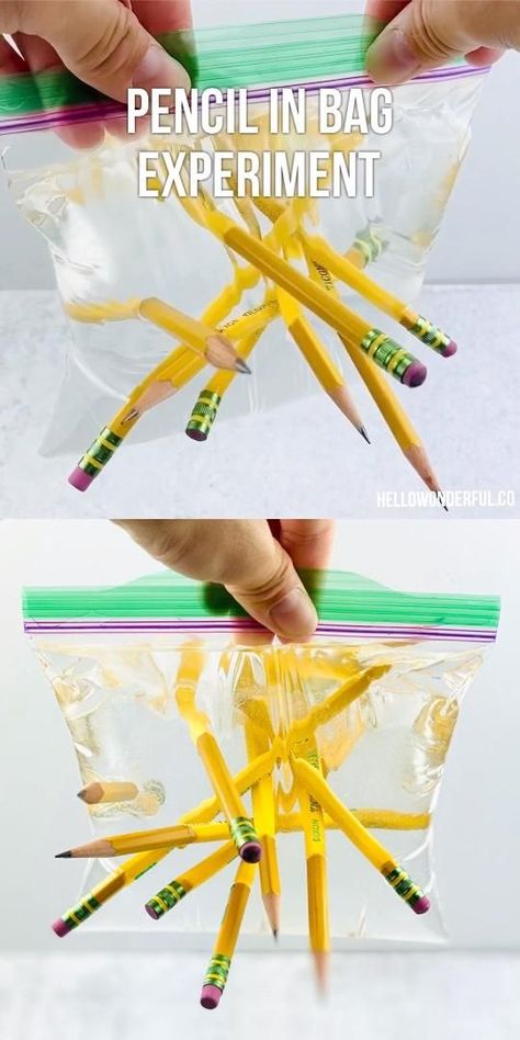 This amazing Pencil in Water Bag Experiment is a cool science project for kids with instant wow factor. Best part is you probably have all the supplies. Science Project For Kids, Vetenskapliga Experiment, Science Experiments Kids Preschool, Cool Science Projects, Science Experiments Kids Easy, Easy Science Projects, Science Experience, Science Experiment For Kids, School Age Activities