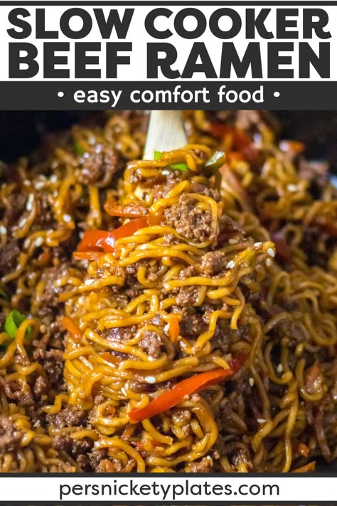 Slow Cooker Ramen Noodles, Ramen Noodle Crockpot Recipes, Slow Cooker Beef Ramen Noodles, Crockpot Lo Mein, Slow Cooker Lo Mein, Slow Cooker Beef Ramen, Beef Ramen Noodles, Beef Ramen, Ramen Dishes