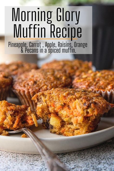 Super tender & moist Morning Glory Muffins are filled with wholesome ingredients like; carrots, apple, orange, pineapple, raisins, and nuts in a spiced muffin. They make a great breakfast, and they freeze well for easy prep! Moist Morning Glory Muffins, Morning Glory Muffins With Pineapple, Glorious Morning Muffins, Breakfast Ideaa, Entertaining Food Dinner, Morning Glory Muffin, Morning Glory Muffins Healthy, Morning Glory Muffins Recipe, Glory Muffins