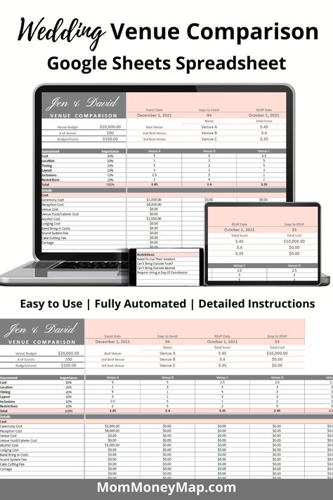 wedding budget spreadsheet template Venue Comparison Worksheet, Wedding Spreadsheet, Budget Spreadsheet Template, Wedding Features, Frugal Wedding, Google Spreadsheet, Flower Business, Budget Spreadsheet, Spreadsheet Template