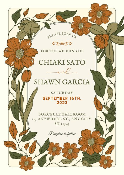 This beautiful wedding invitation design really make your wedding day more amazing. So if you want to use this beautiful design, you can move to canva website with link that we put on this post. Wedding Invitation Spring, September Wedding Invitations, Autumn Wedding Invites, Green And Orange Wedding, Autumn Wedding Invitations, Wedding Flyer, Vintage Floral Wedding Invitations, Orange Invitation, Vintage Floral Wedding