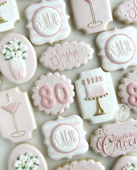 80th Birthday Cookies, Birthday Cookies Decorated, Birthday Getaway, Cookie Techniques, Pink Gold Birthday, Girly Birthday, Happy 80th Birthday, Sugar Cookie Royal Icing, Adult Birthday Cakes