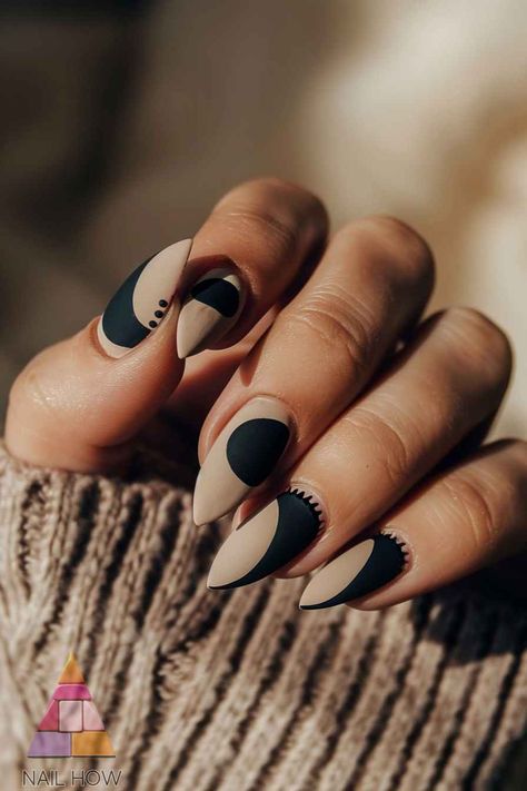 Matte Black Nails Short Round, October Nails Fall Almond, Matte Black Fall Nails, Black Country Nails, Half Moon Nail Art, Tan And Black Nails Design, Modern Fall Nails, Black On Black Nail Designs, Trendy Boho Nails