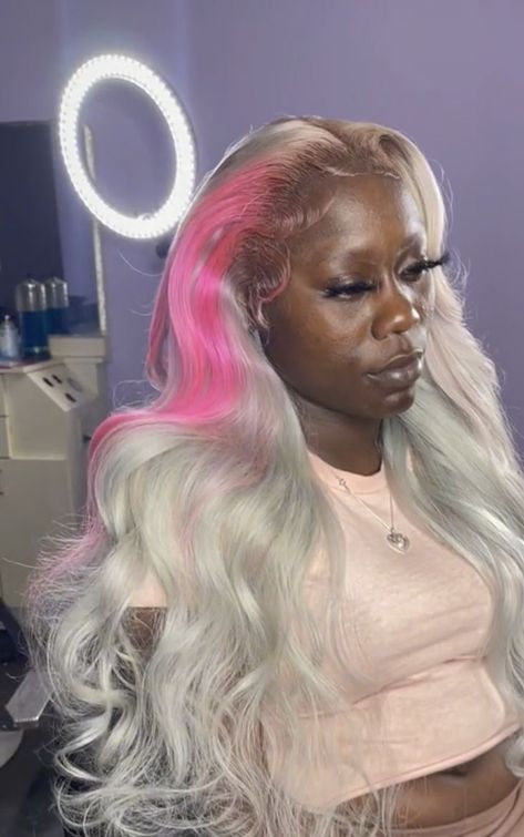 Grey Wig With Pink Streaks, Pink And Silver Lace Front Wig, Gray And Pink Wig, Grey And Pink Wig, Bday Hairstyles Ideas, Silver Lace Front Wig, Custom Color Wigs, Platinum Wig, Pink Lace Front Wig