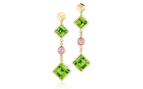 Peridot and Pink Sapphire 'Florentine' Earrings - Paolo Costagli - 1 Sapphire Drop Earrings, Award Winning Jewelry, Modern Jewellery Design, Peridot Jewelry, Modern Engagement Rings, Pink Sapphire Ring, Jewelry Post, Hot Jewelry, Green Jewelry