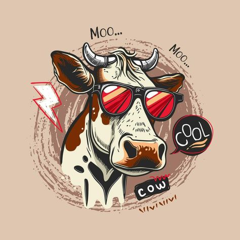 Cartoon cow wearing cool sunglasses, vector design concept Cartoon Cow Face, Animal Glasses Illustration, Cow Wearing Sunglasses, Cow With Glasses, Sunglasses Vector, Cow Cartoon, Cow Vector, Dragon Face, Cartoon Cow