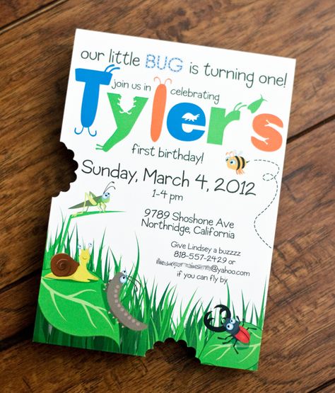 Ty's mommy and daddy called him their little bug, so it was only fitting  that they do a bug theme for his first birthday. We had So. MUCH. FUN with  this party and I think you can tell by looking at how great everything  looked.   To add the "bites" in the invitation, we used a scall Bug Themed Birthday Party, Birthday Stuff, Garden Birthday, Birthday For Him, Themed Birthday Party, 4th Birthday Parties, 3rd Birthday Parties, Birthday Design, 2nd Birthday Parties