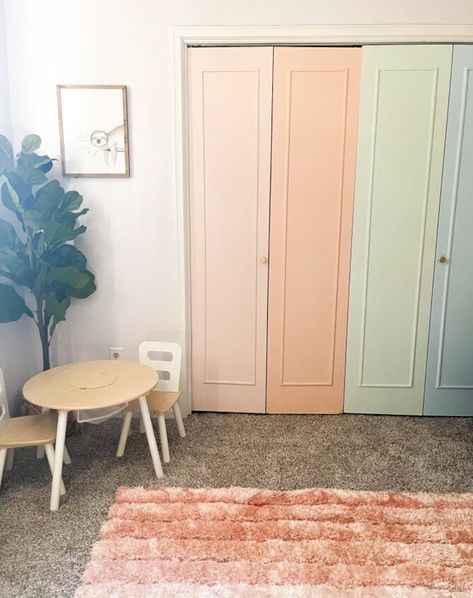 Closet Door Update, Miter Shears, Easy Diy Closet, Diy Closet Door, Rainbow Themed Nursery, Door Update, Bifold Doors Makeover, Door Alternatives, Diy Closet Doors