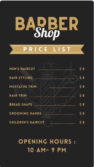 Black and Gold Modern Barber Shop Price List Canva Template Modern Barber Shop, Childrens Haircuts, How To Trim Mustache, Hair Saloon, Barber Logo, Price List Design, Bread Shaping, Price List Template, Hair Trim