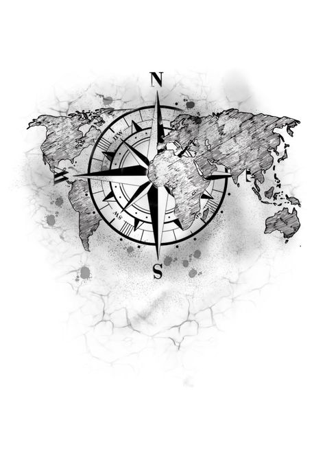 Globe Tattoos For Women, World Map Tattoo Men, World Map Tattoo Design, Map Compass Tattoo, Map Tattoo Design, World Globe Tattoos, Vintage Compass Tattoo, World Map With Compass, World Travel Tattoos