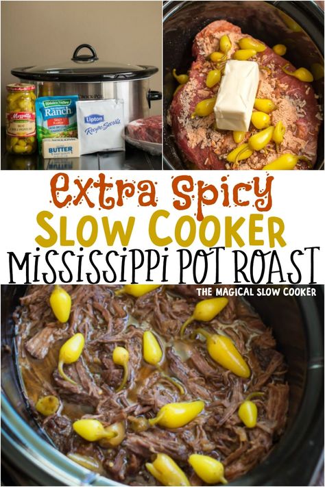 Do you like food with a spicy kick? Then you will LOVE this Slow Cooker Spicy Mississippi Pot Roast. This recipe has spicer peppers and spicy ranch! #mississippiroast #slowcooker #crockpot Slow Cooker Mississippi Pot Roast, Mississippi Roast Recipe, Spicy Ranch, Crockpot Roast Recipes, Magical Slow Cooker, Pot Roast Crock Pot Recipes, Mississippi Pot, Mississippi Roast, Pot Roast Recipe