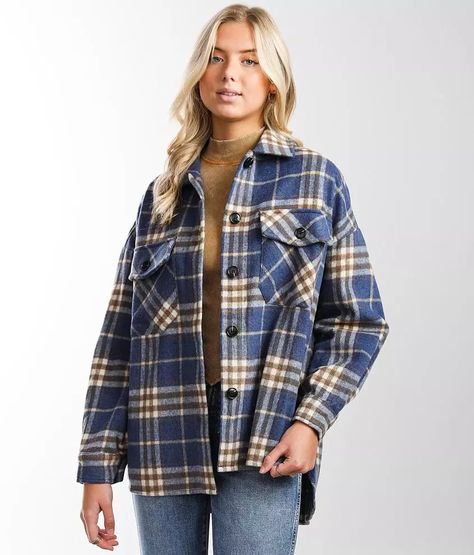 Timing Oversized Flannel Shacket - Women's Coats/Jackets in Blue Combo | Buckle Urban Outfitters Flannel, Flannel Shacket, Plaid Shacket, Oversized Flannel, Flannel Jacket, Casual Chic Outfit, Women's Coats & Jackets, Women's Coats, Plaid Print