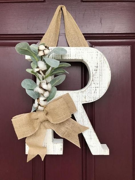 Whitewashed Letter Home Decor Monogram Letter Rustic | Etsy Diy Letter Ideas, Farmhouse Front Door Decor, Distressed Doors, Letter Wreath, Deco Champetre, Letter Decor, Cotton Boll, Letter Decoration, Wreath Home Decor