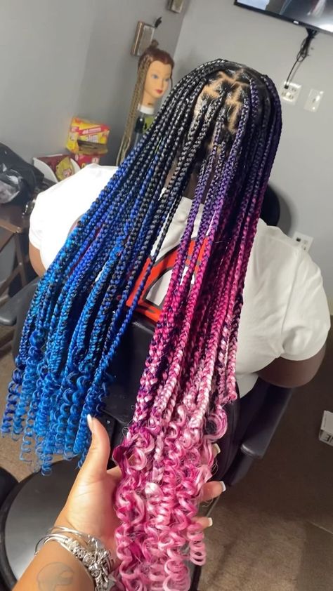 Pink And Blue Knotless Braids, Pink Blue And Black Knotless Braids, Long Blue Braids, Blue And Purple Braids, Pink And Blue Braids, Pink Purple Braids, Hair Dos For Kids, Pink Box Braids, Cornrows Hair