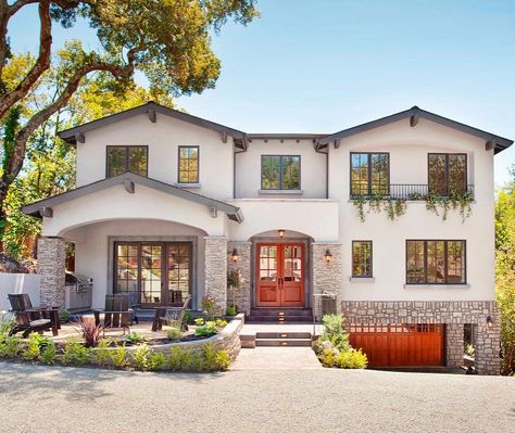 Like or love this curb appeal!? — swipe through and get a mini tour. PS - the exterior is just as awesome as the family room & bathroom 👏🏼.… Grey Stucco House Exterior, Stucco House Colors, Exterior Gray Paint, Glass Railings, Stucco Homes, Stucco Exterior, Grey Exterior, Traditional Exterior, Exterior Remodel