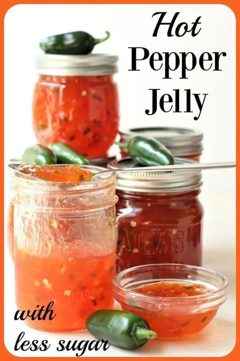 Hot Pepper Jelly is a delight to have in your pantry. Spicy, tangy, and sweet, the jelly is fantastic as an easy appetizer and as a delicious condiment. This recipe is less sweet than usual, but still perfectly balanced in flavor. You can customize the heat level to your liking. Great with cream cheese & crackers as an appetizer, or on sandwiches or burgers, or to glaze meats. #pepperjelly #hotpepperjelly #canningpepperjelly #hotpeppers #jalapenopepperjelly #jalapenos #bellpeppers Canning Pepper Jelly, Red Pepper Jelly Recipe, Pepper Jelly Recipe, Jalapeno Pepper Jelly, Pepper Jelly Recipes, Red Pepper Jelly, Wine Jelly, Jelly Sweet, Red Jalapeno