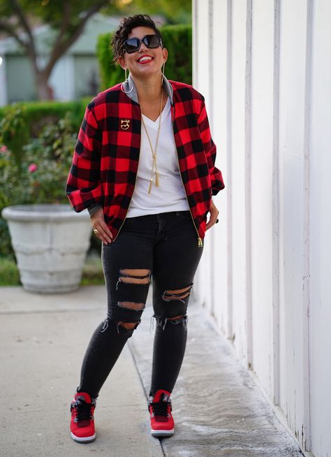 BUFFALO PLAID BOMBER USING M7636 - Mimi G Style Buffalo Plaid Top Outfit, Buffalo Plaid Outfit Women, Red Buffalo Plaid Shirt Outfit Women, Hooded Plaid Shirt Outfit, Plaid Shirt Outfit Women, Women Buffalo Plaid Shirt, Kitenge Tops, Buffalo Plaid Outfit, Buffalo Plaid Jacket