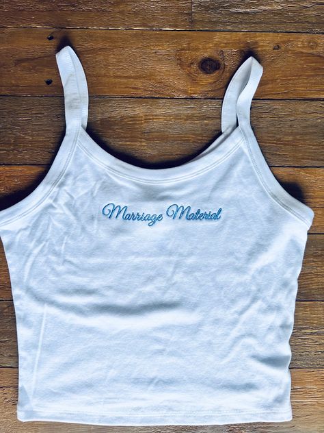 College Tank Tops, Business Merch, White Tanks, Marriage Material, Embroidered Tank Top, Promotional Giveaways, Embroidered Crop Tops, Embroidered Tank, Bridal Parties