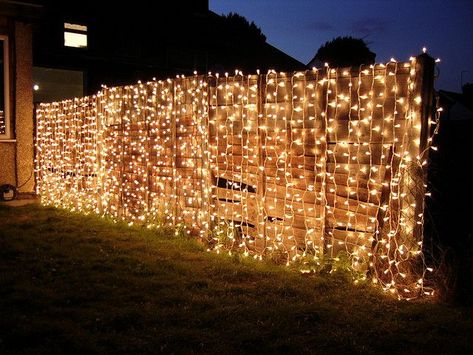 curtain lights on fence for night-time garden party #GardenParty Garden Party Decorations, Deco Luminaire, Night Garden, Fence Decor, Garden Party Wedding, Backyard Fences, Curtain Lights, Garden Parties, Party Lights